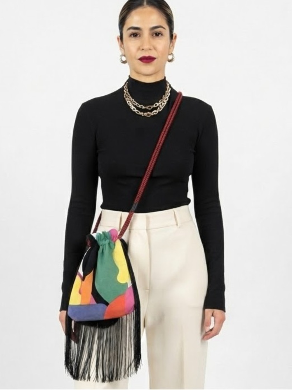 NEW Handmade Abstract Colorblock Drawstring Crossbody Bag with Black Fringe